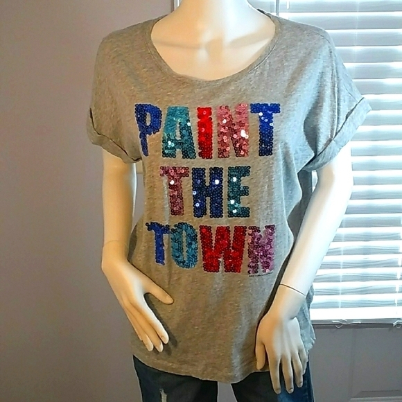 Soho New York & Company Womens Gray Sequin Roll Up Cap Sleeves Tee Shirt Size M - Picture 1 of 10